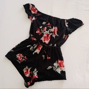 Black Off-the-Shoulder Floral Tie Waist Romper